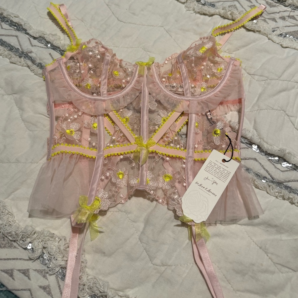 For Love And Lemons Pink & Yellow Sheer Lace Bustier